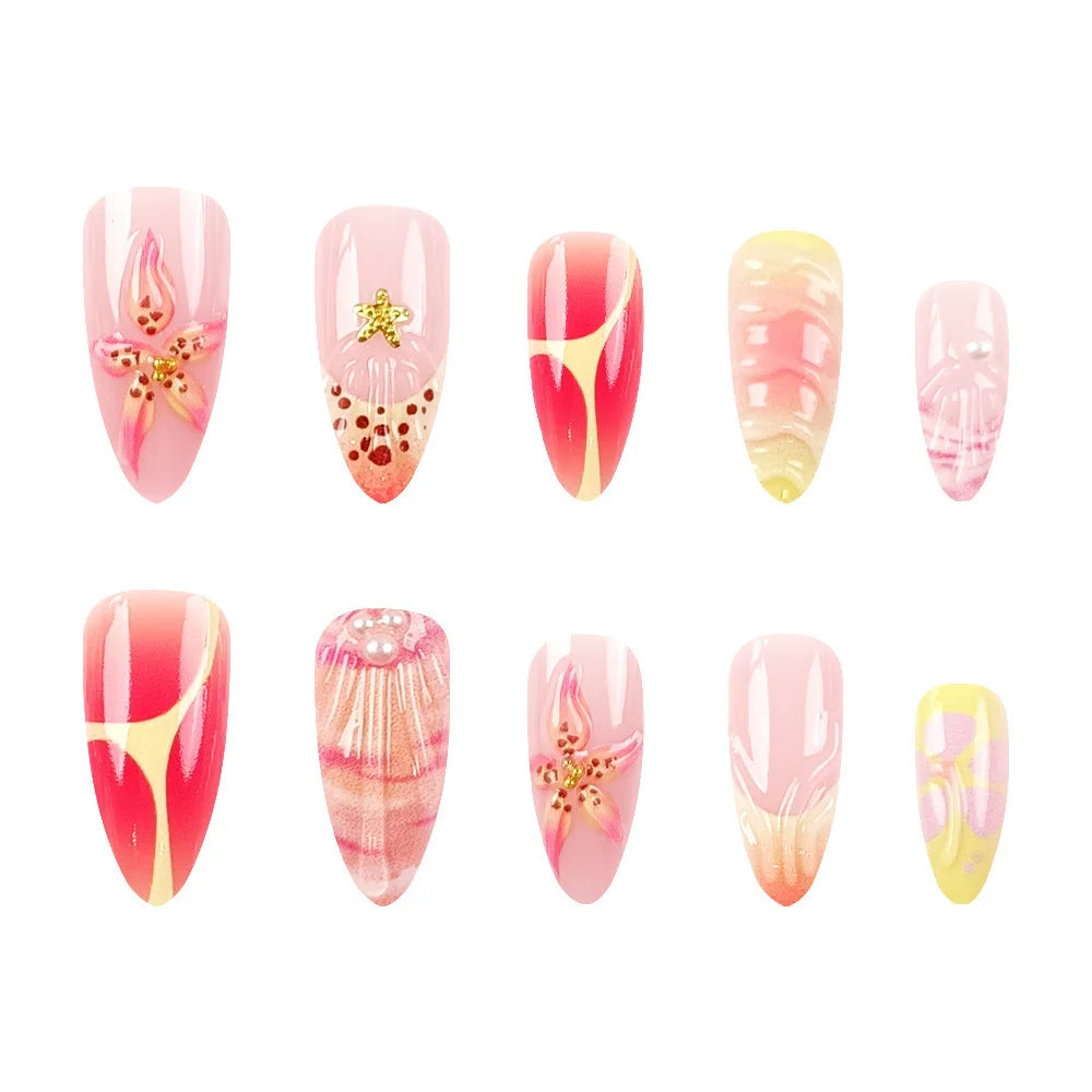 Medium long fake nails for women Gradient yellow red pink flowers shell with rhinestones design full cover presson false nail