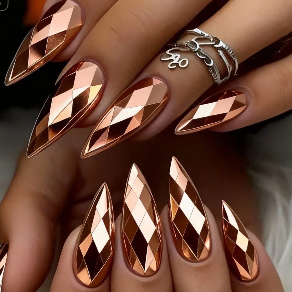 3D fake nails Holographic Plated Metallic glossy rhombus rose golden yellow silver champagne almond nail tips press on nail art