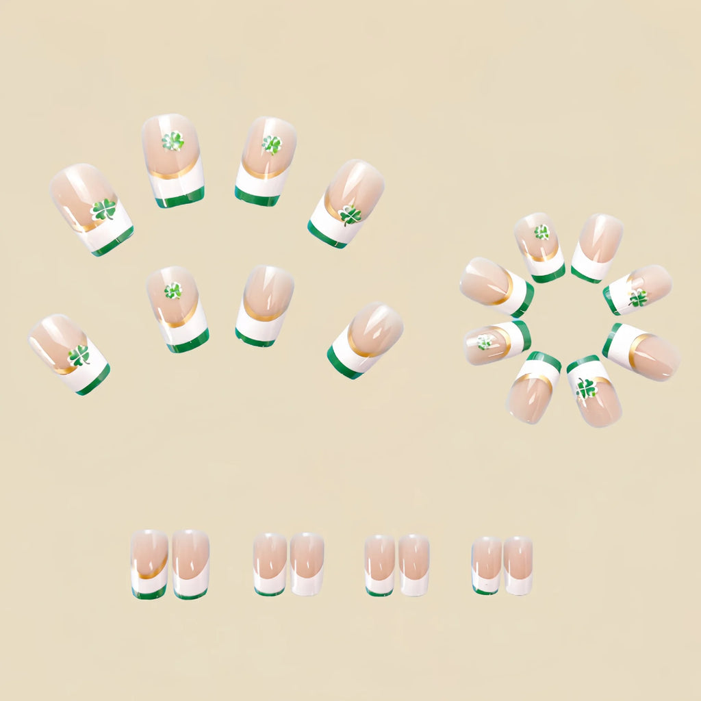 Medium fake nails nude square shape with white green edge Four-leaf clover for St. Patrick's Day press on false nail art set