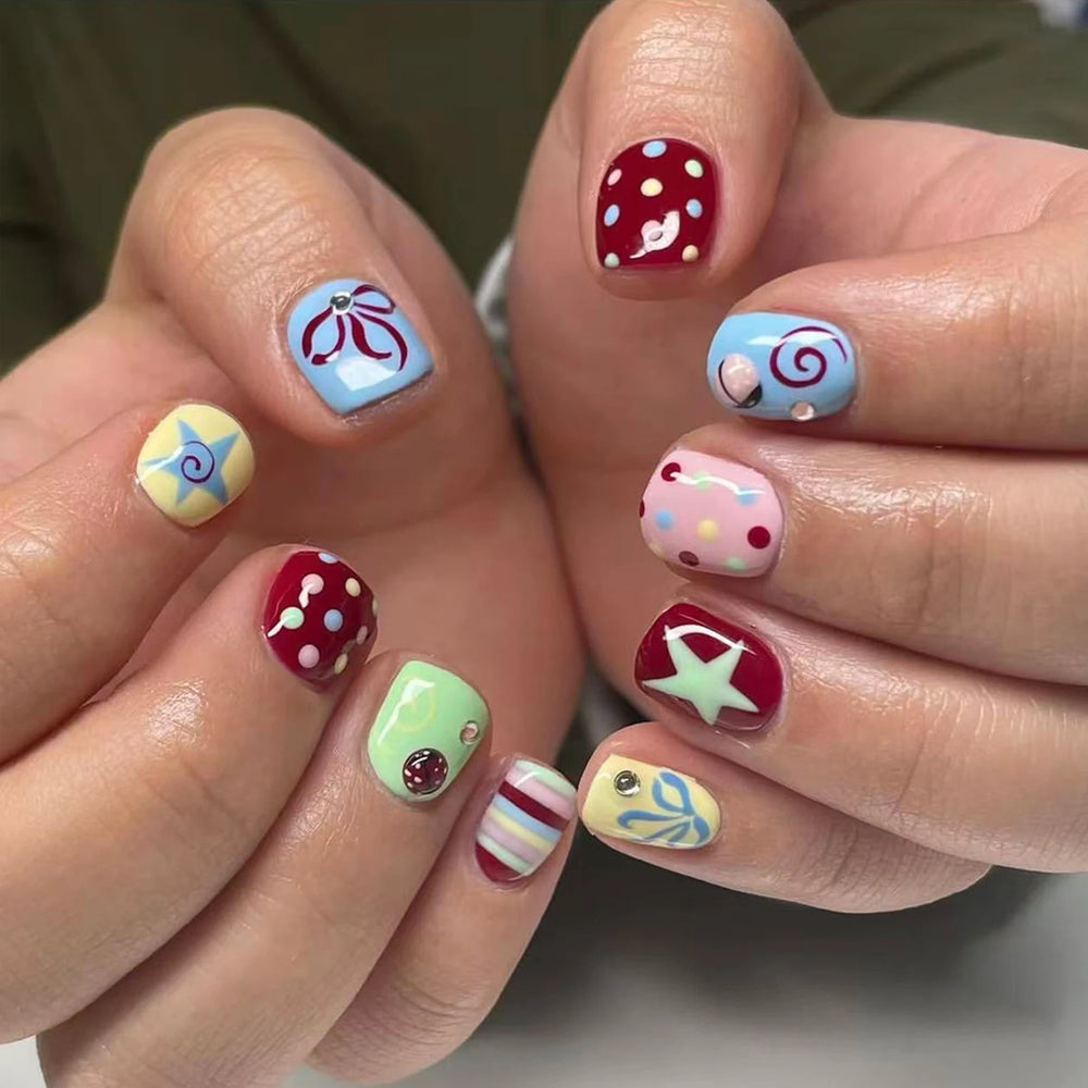 Colorful Polka Dot & Star Y2K Press-On Nails – Short Round, 24 Pcs