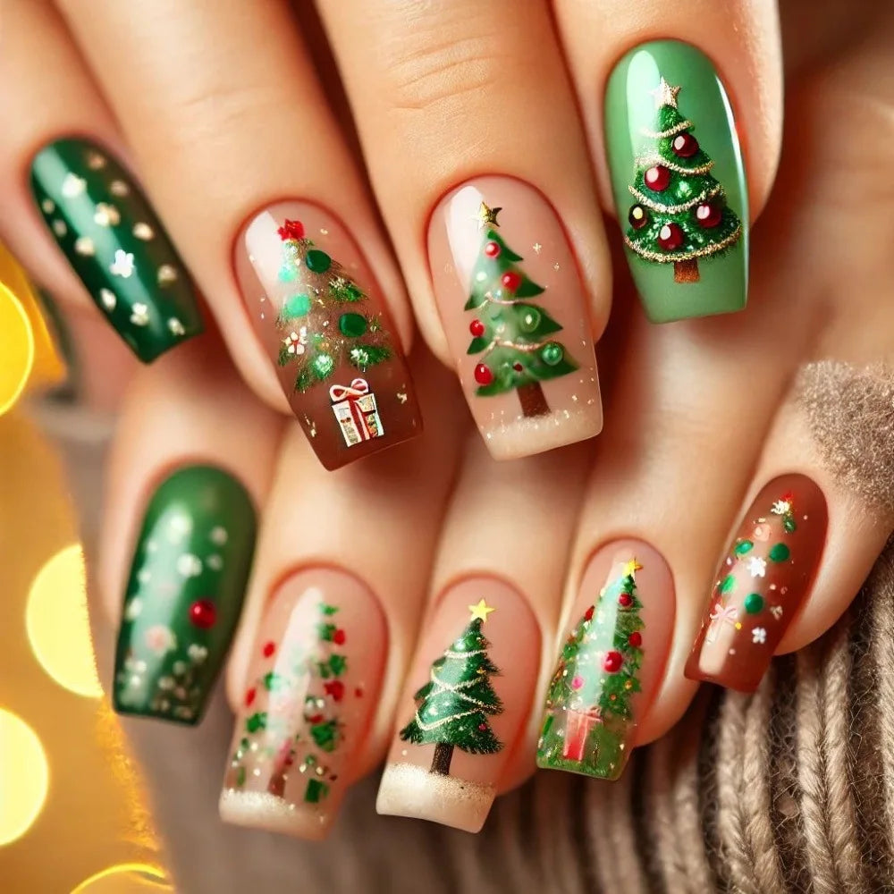 Medium long fake nails for Chirstmas party Square almond tips christmas tree snowflake gift snowman press on false nail art set