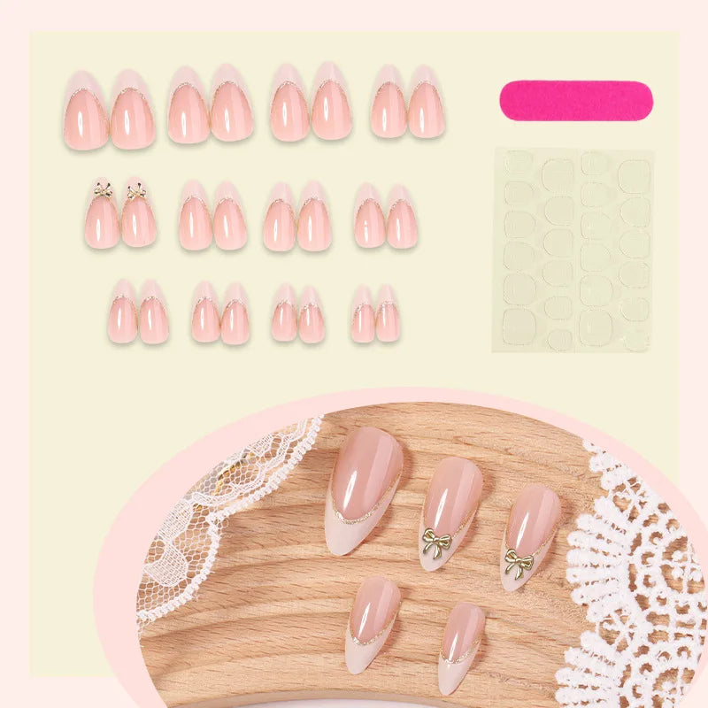 Medium fake nails for women girls french almond nude white nail tips with golden strips bowknot full cover press on false nail