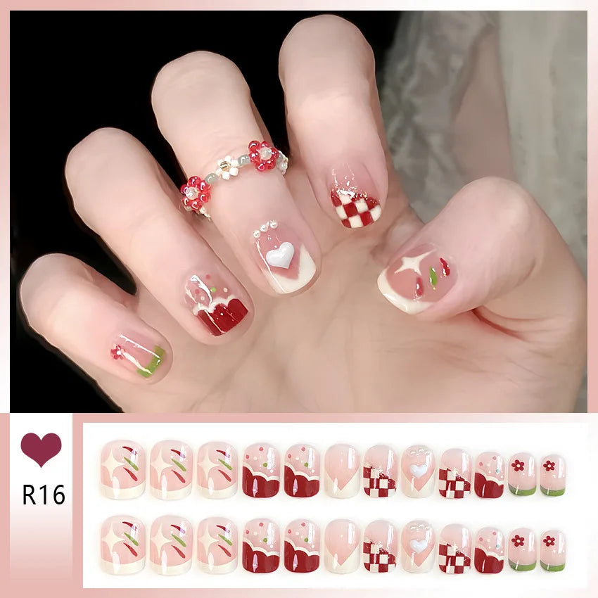 Bow & Heart Pattern Korean French Press-On Nails – Short Round, 24 Pcs