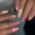 Medium long fake nails for women Gradient yellow red pink flowers shell with rhinestones design full cover presson false nail