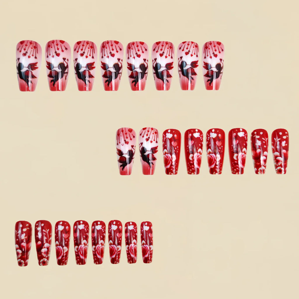Medium long fake nails for Valentine's Day Pink red golden rose flowers heart angel ballet nail tips press on false nail set