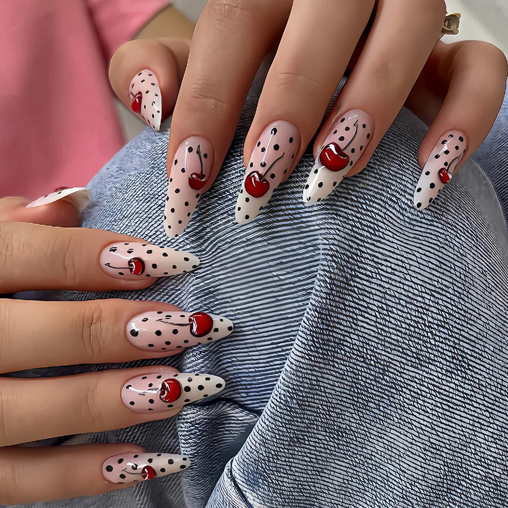 Short Medium fake nails Fashionable Polka Dot Red/Brown/Pink/Black almond square nail tips Autumn/Winter press on false nail set