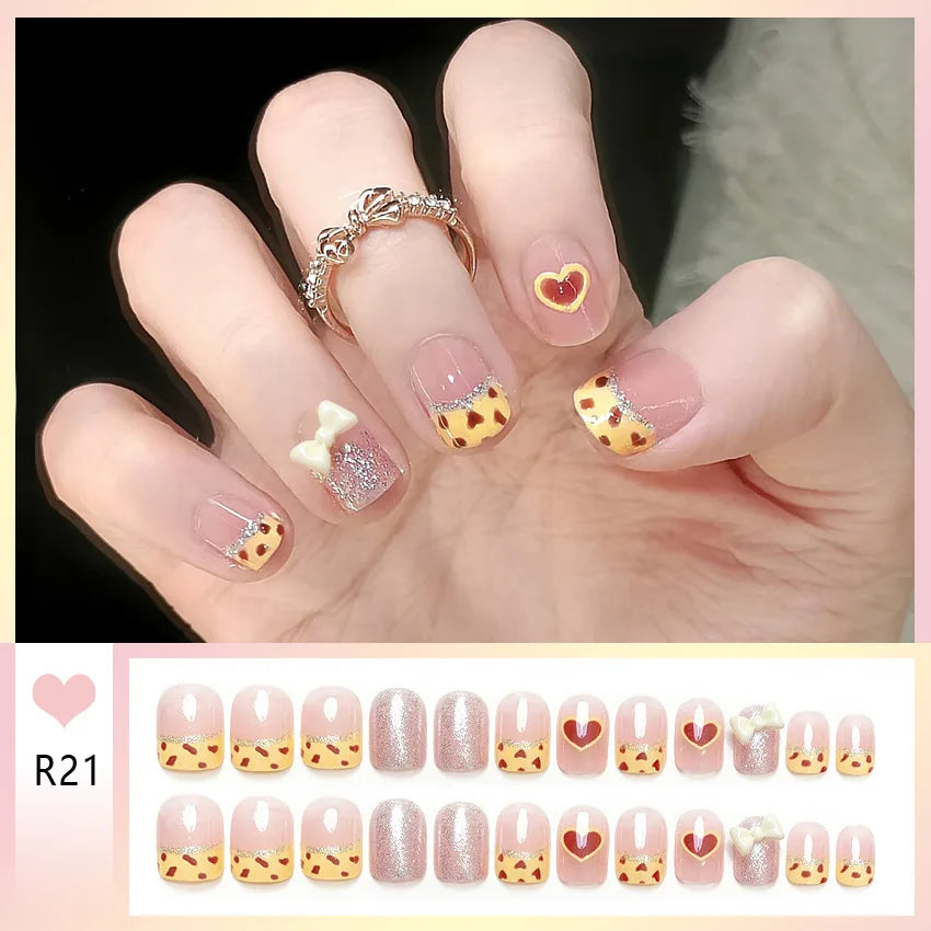 Bow & Heart Pattern Korean French Press-On Nails – Short Round, 24 Pcs