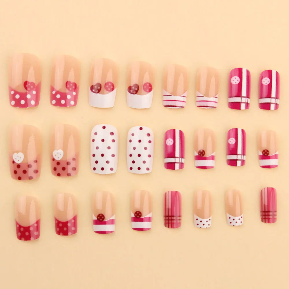 Pink & White Heart Button Plaid French Press-On Nails – Short Square, 24 Pcs