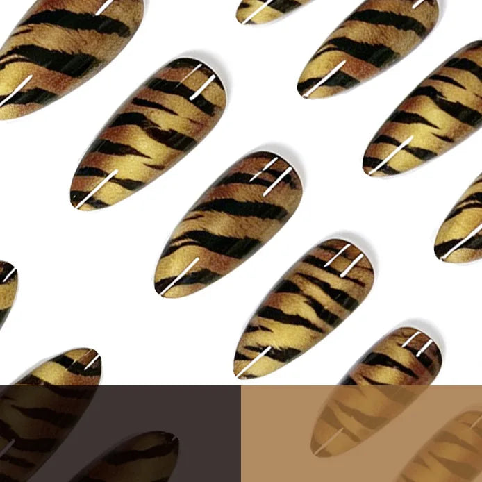 Medium fake nails for women Yellow black tiger strips printing glossy almond nail tips full cover press on false nail art set