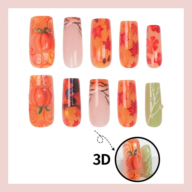 Pumpkin & Maple Leaf 3D Halloween French Press-On Nails – Square, 24 Pcs
