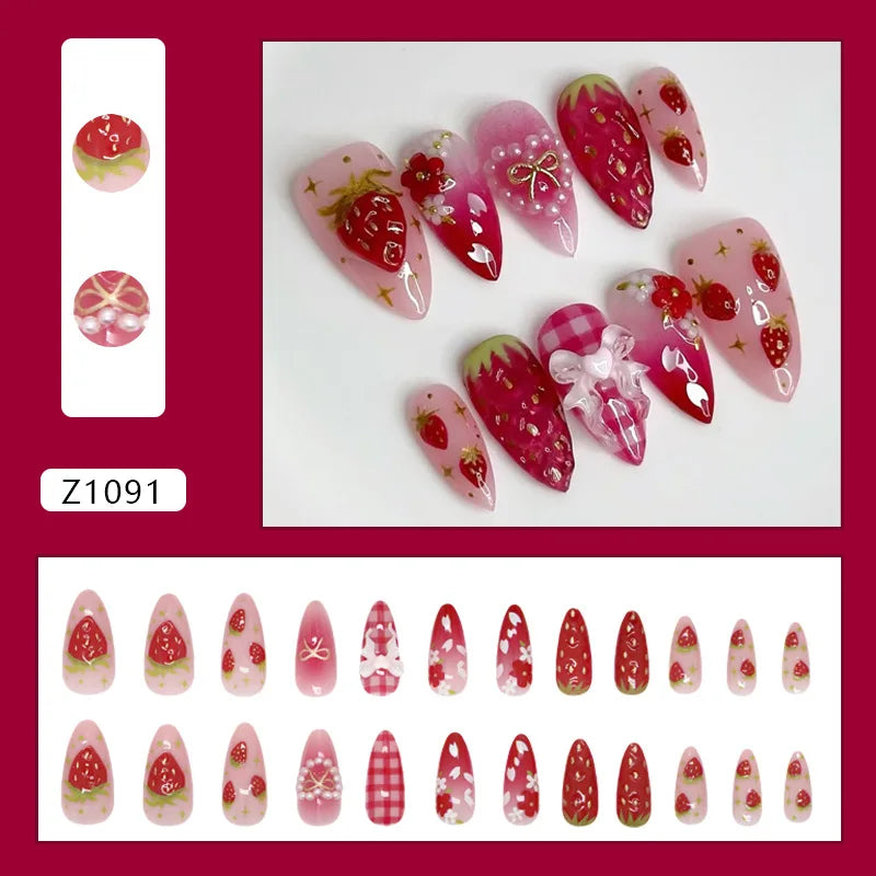 Strawberry Pink Plaid 3D Bow Press-On Nails – Almond, 24 Pcs