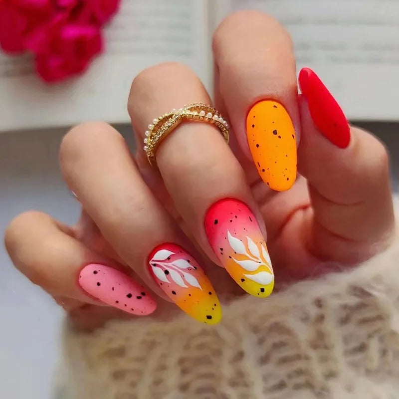 Medium long fake nails Spring summer flowers leaf tree gradient pink orange blue Y2K french nail tips press on false nail art