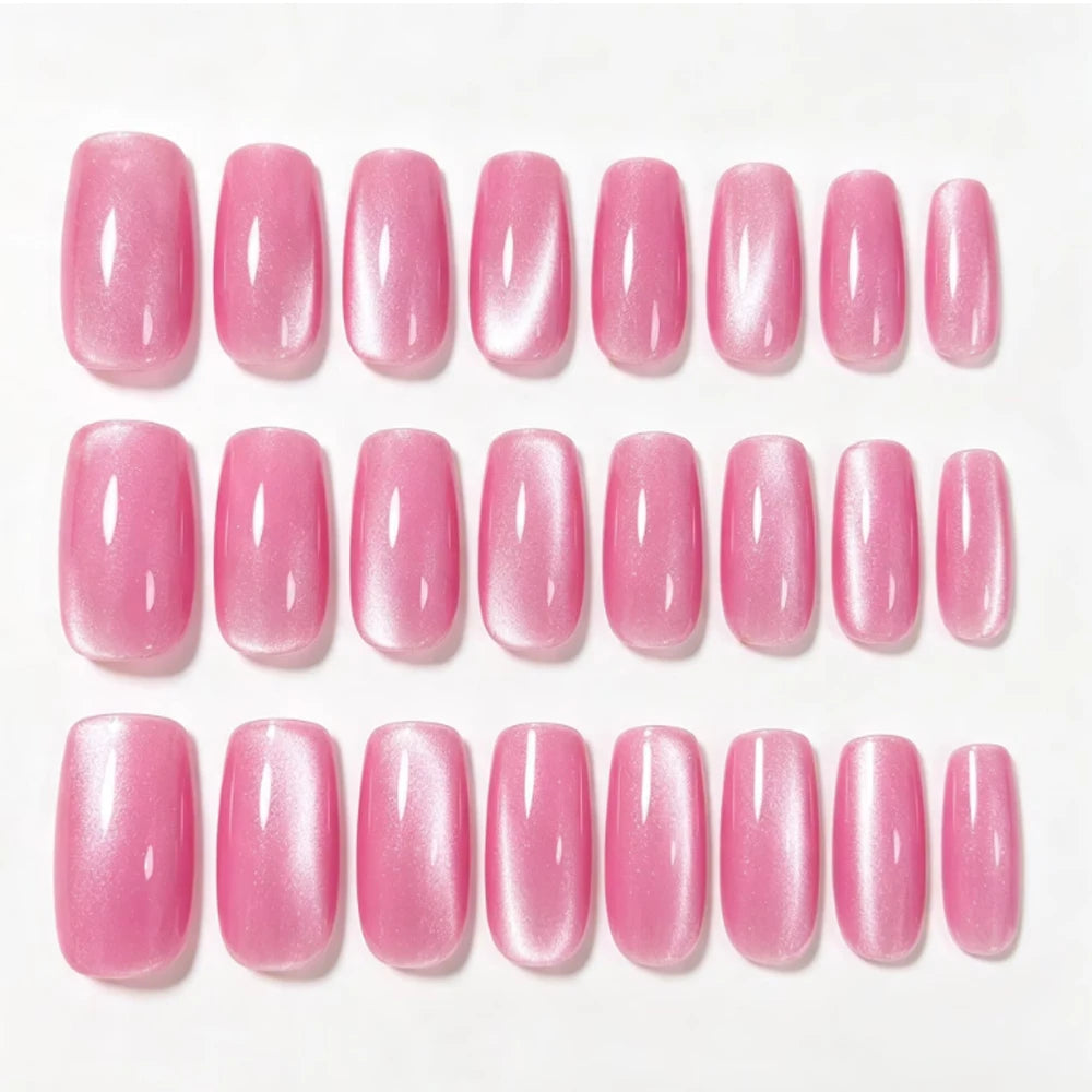 24pcs/set Medium fake nails for women Pink shimmer cat eyes glossy square nail tips full cover reusable press on false nail art