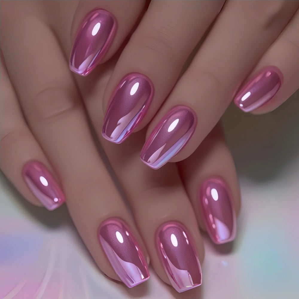 Purple Blue Pink Chrome Glossy Press-On Nails – Short/Medium Square