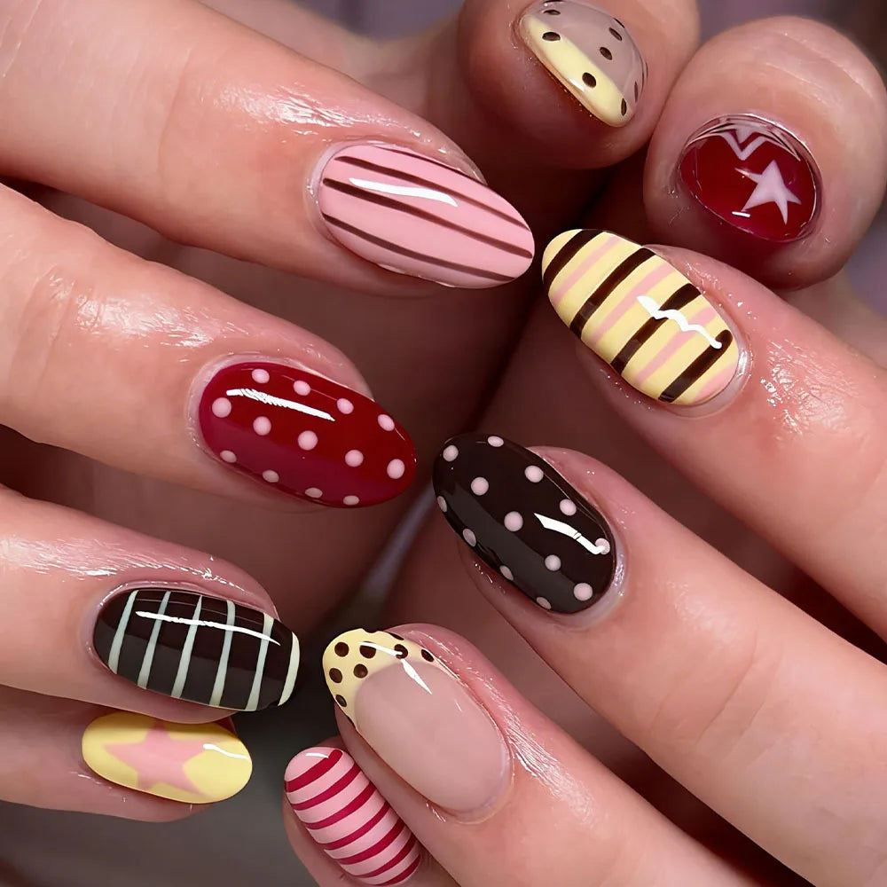 Star & Stripe Blush Y2K Press-On Nails – Short Almond, 24 Pcs