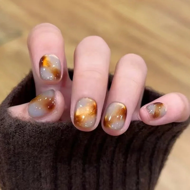 Red Wine Yellow Brown Gradient Cat Eye Press-On Nails – Short Square