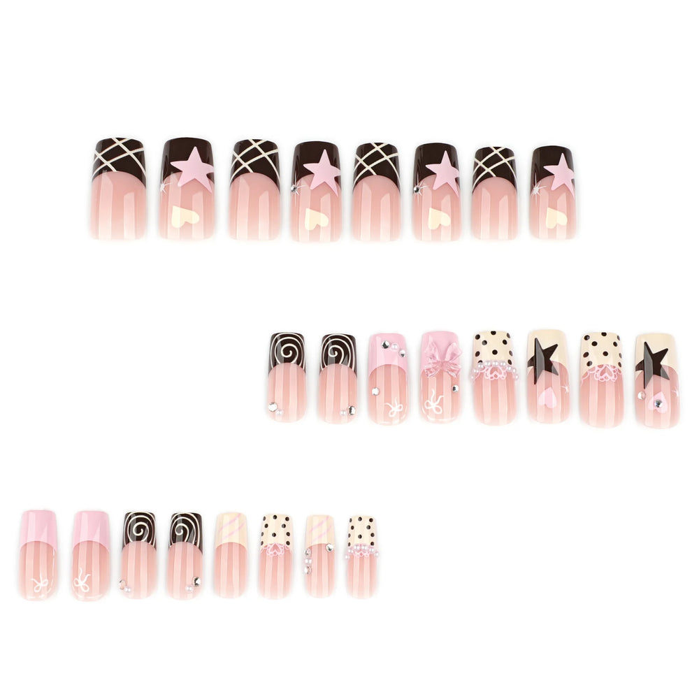 Star & Spiral Stripe French Bow Press-On Nails – Medium Square, 24 Pcs