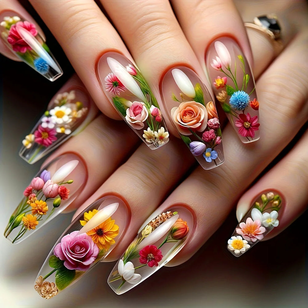 Blue Ocean Fish & Jellyfish Press-On Nails – Medium Long, 24 Pcs