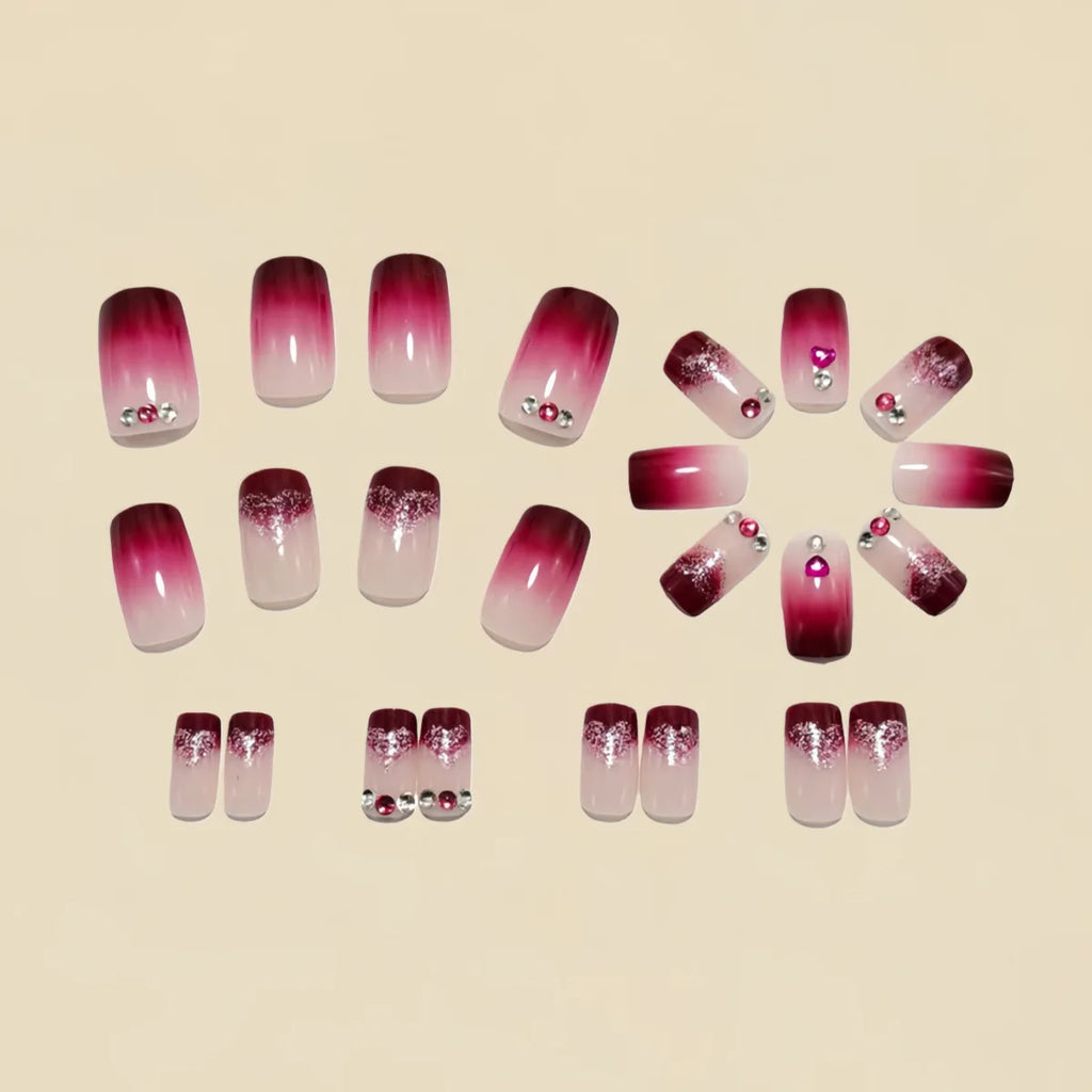 Medium long fake Nail Tips with 3D Heart Flower Design gradien purple red French Square Ballet tips Press-On false nail art set