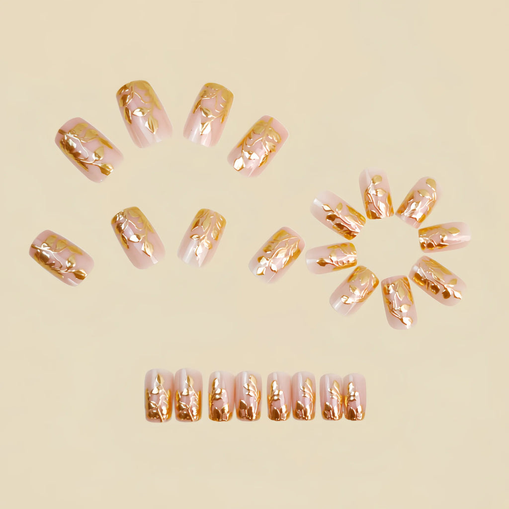 Short Medium Fake Nails Golden Leaf Flowers Butterfly for Spring Summer Full Cover Square Nail Tips Press On Acrylic False Nail