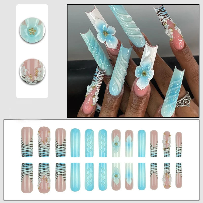 Blue Green Gradient 3D Embossed Flower Press-On Nails – Medium Long Square, 24 Pcs
