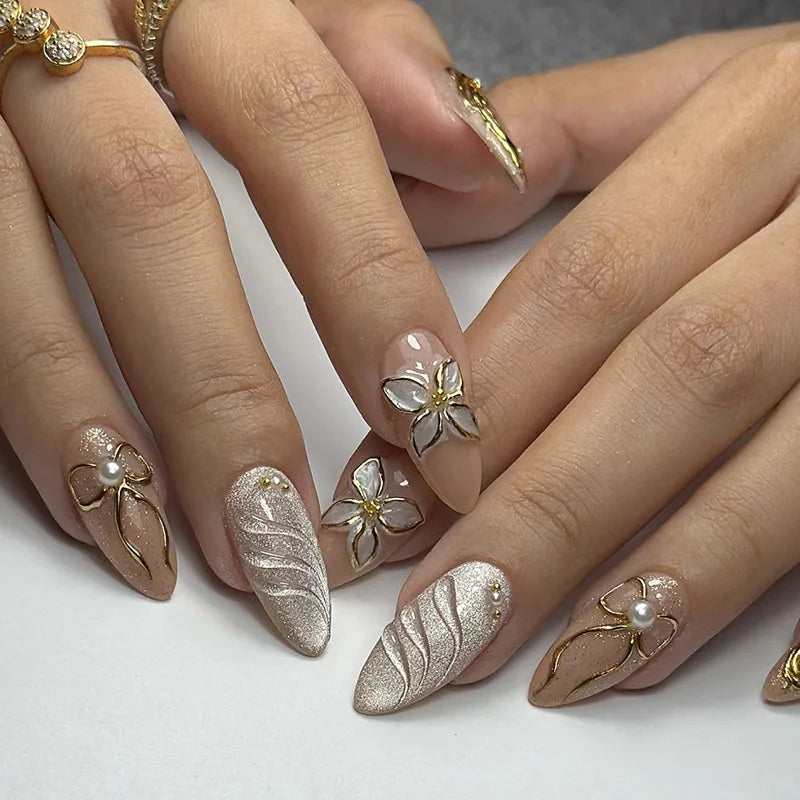 24pcs/set 3D fake nails for women girls embossed flowers pearl rhinestones design Medium almond tips press on false nail art