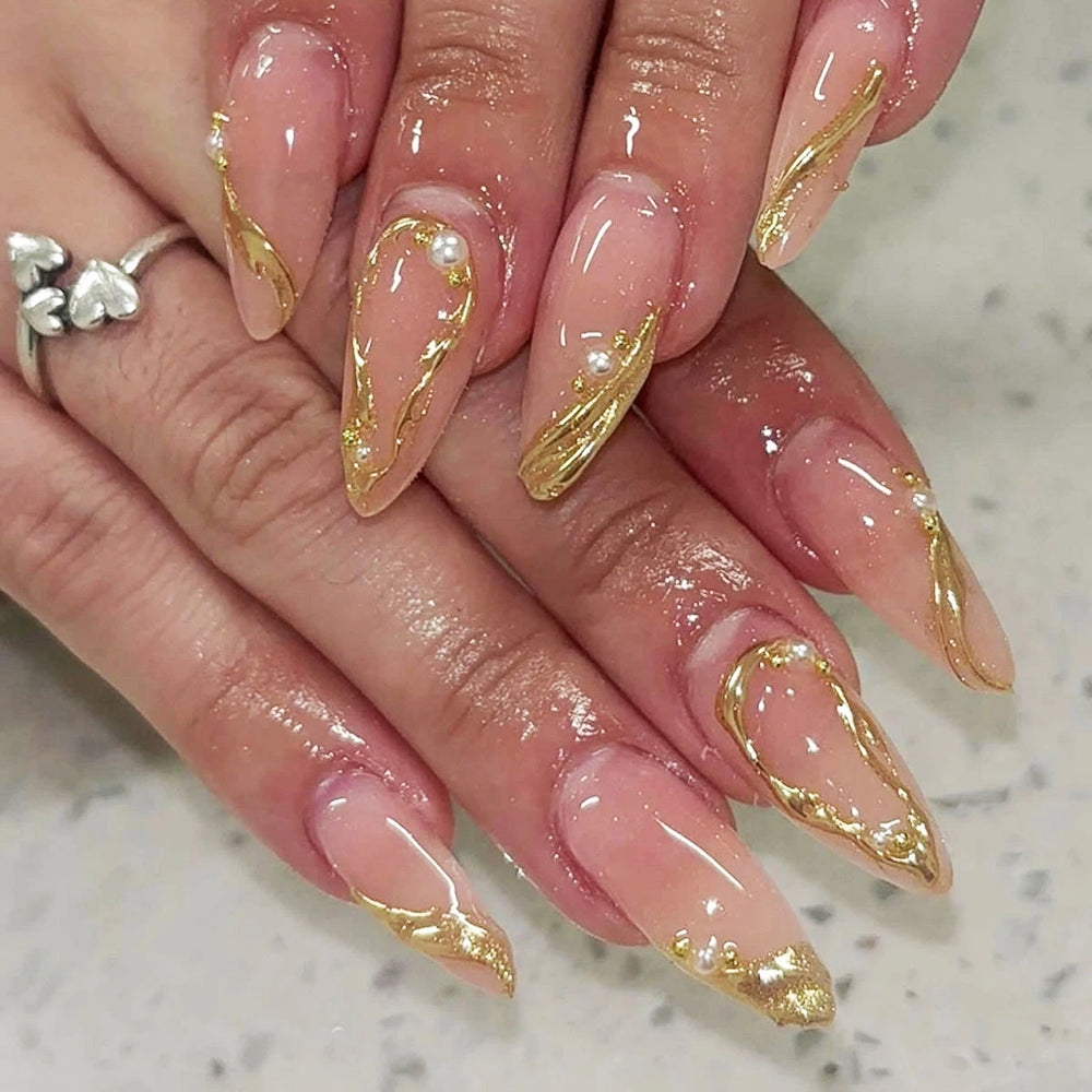 3D Nude Almond Press-On Nails with Gold Frame Stripe – Medium