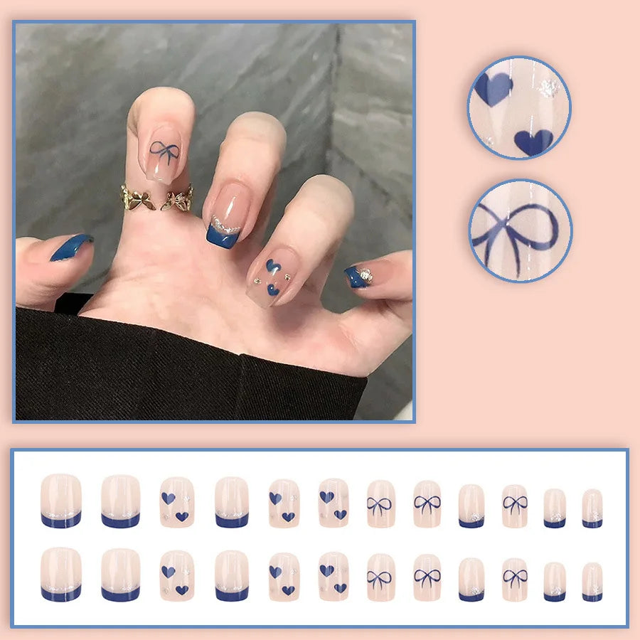 Short Medium fake nails for women girls french blue light green heart with sparking glitters for Valentine's Day press on nail