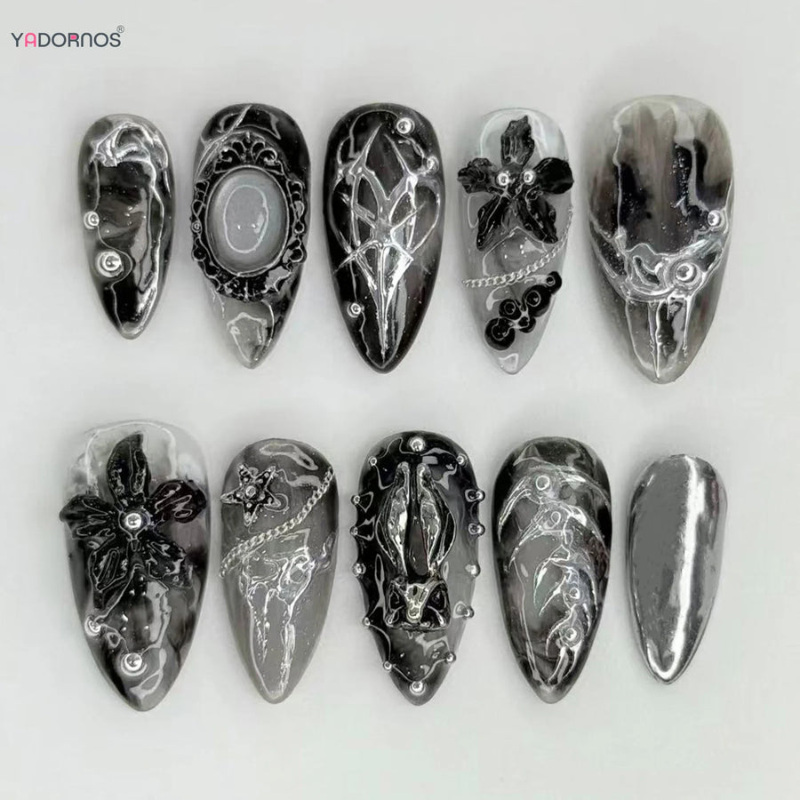 Vintage Frame Black Flower Metal Rabbit Press-On Nails – Almond, 24 Pcs