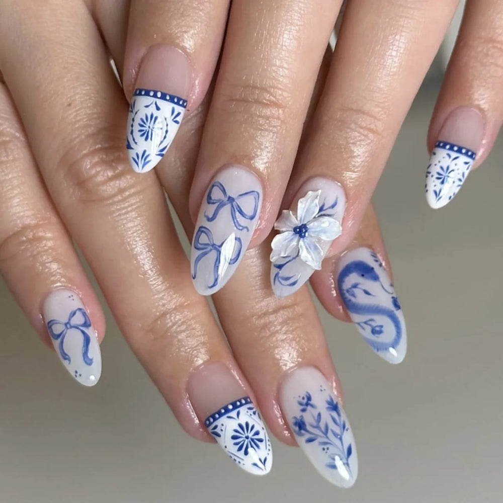 3D Green Ripple Cat-Eye French Almond Press-On Nails – Leaf Pattern, 24 Pcs