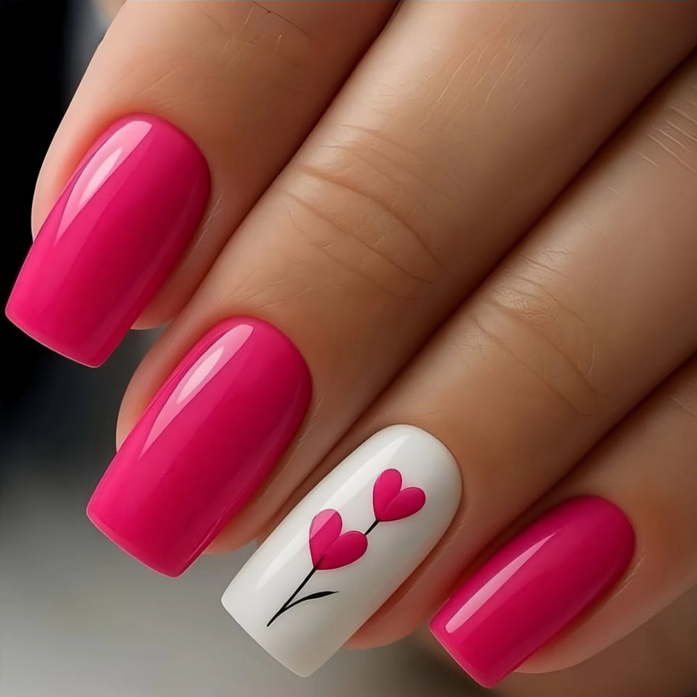 Pink Red Rose Heart Valentine's Press-On Nails – Short/Medium Square