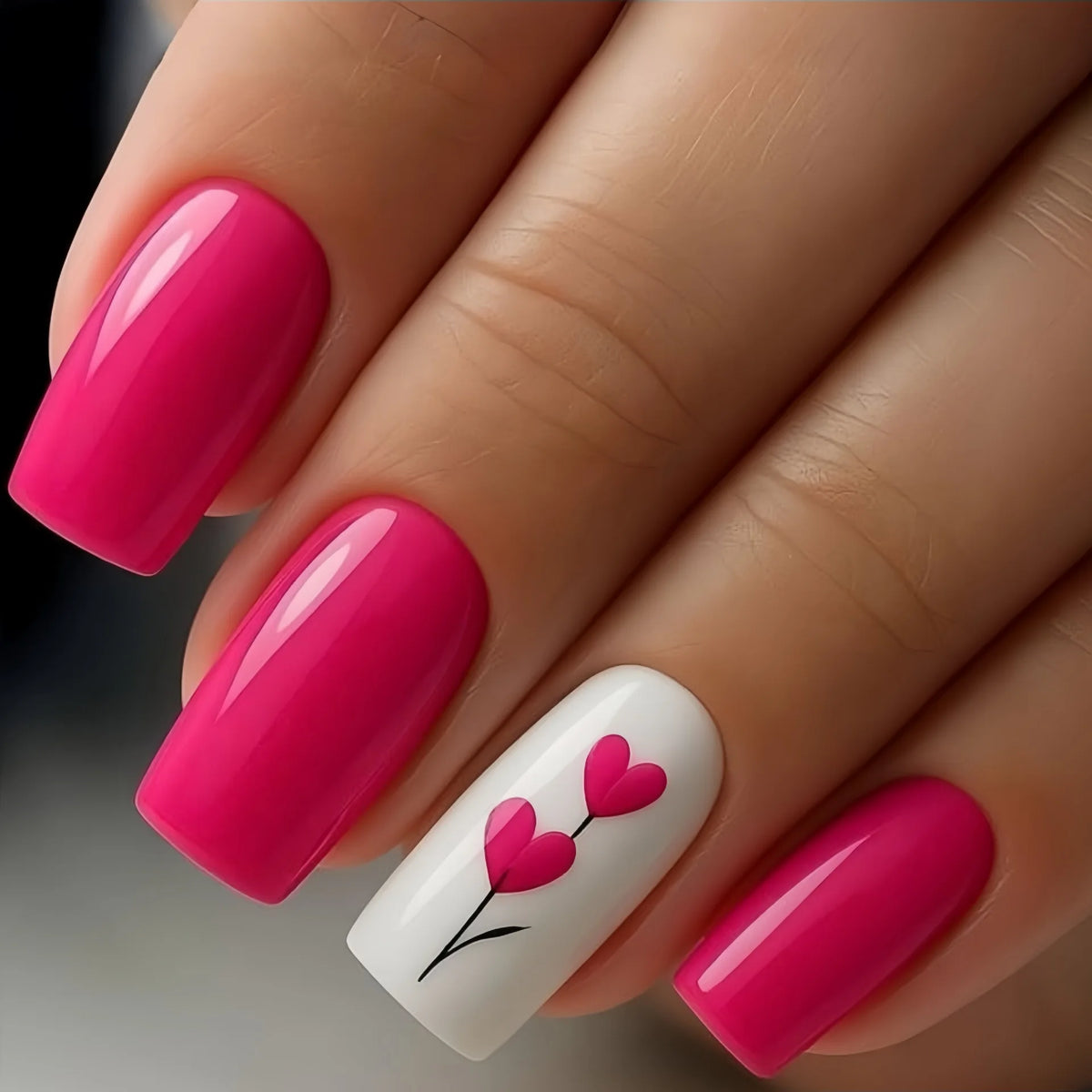 Short Medium fake nails for women girls pink red rose cute heart design for Valentine's Day Square nail tips press on false nail