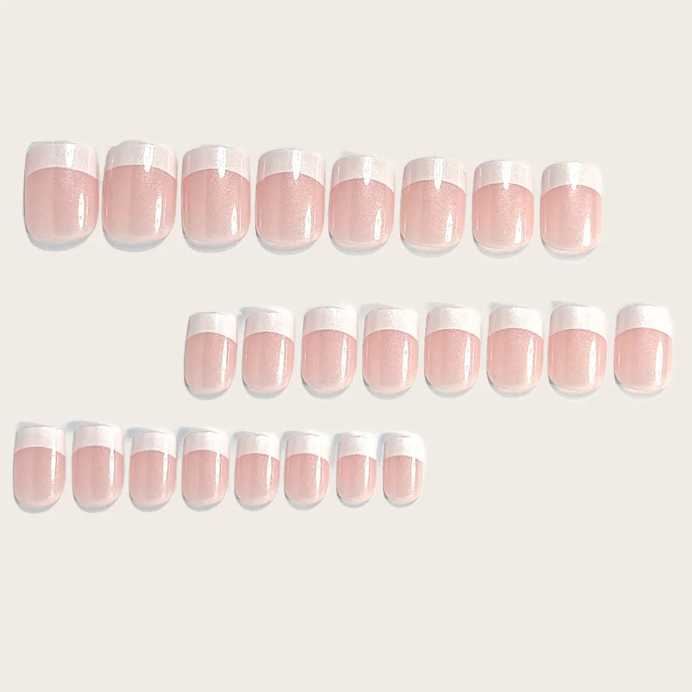 Short Medium Square fake nails pearl shimmer Minimalist french style white pink grey blue edge full cover press on false nail