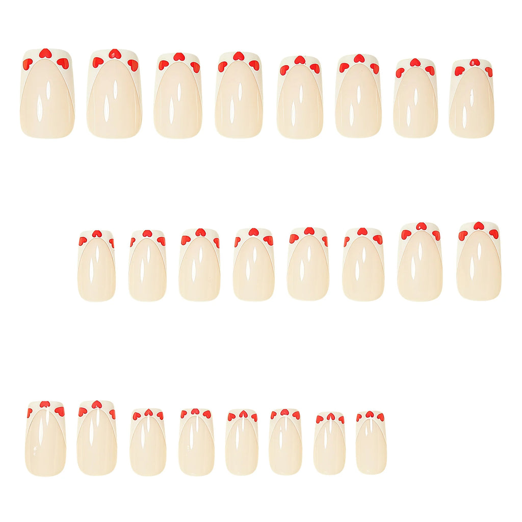 Medium square fake nails for women girls cute black red heart design for Valentine's Day french nail tips press on false nail