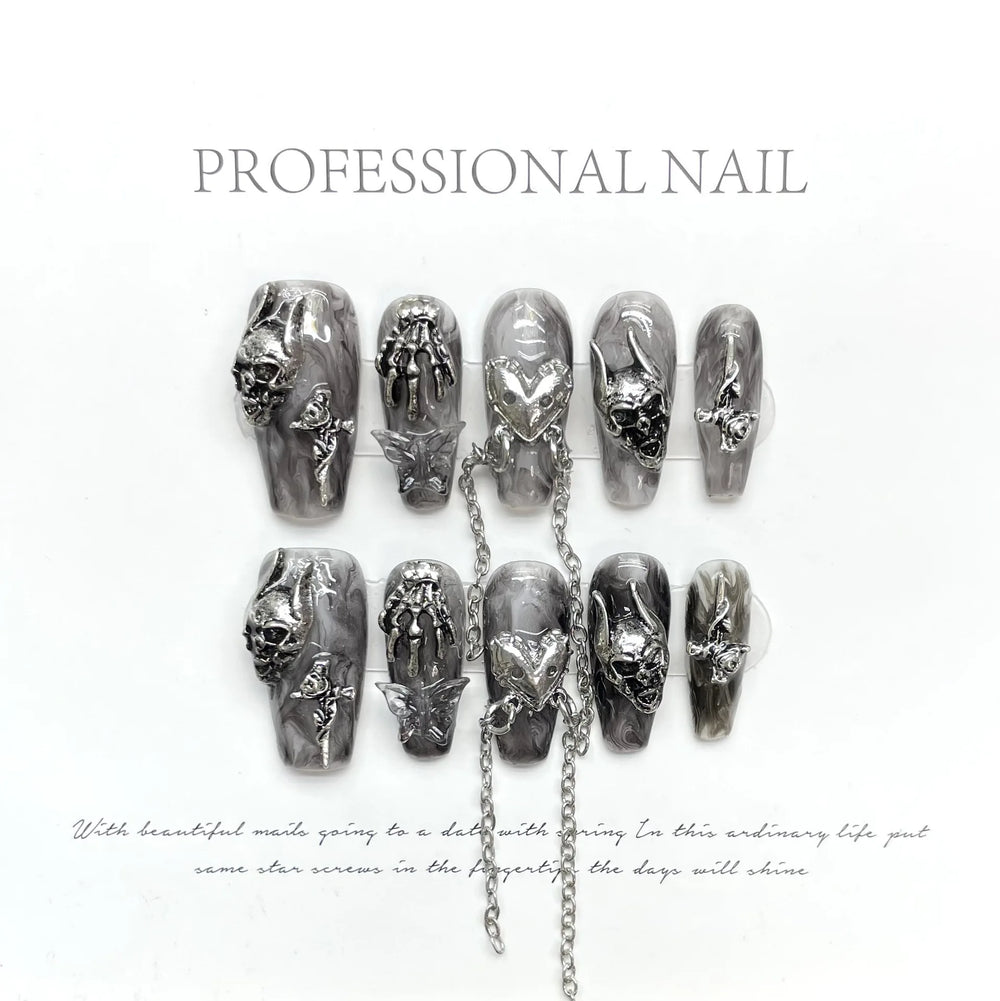 Black Chain & Butterfly Punk Handmade Press-On Nails – Long Coffin, 10 Pcs