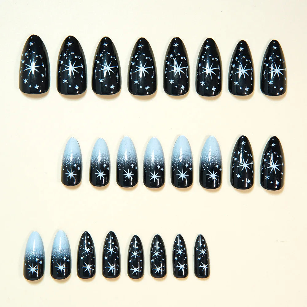 Medium fake nails for women girls gradient black white beige golden white star design almond nail tips press on false nail art