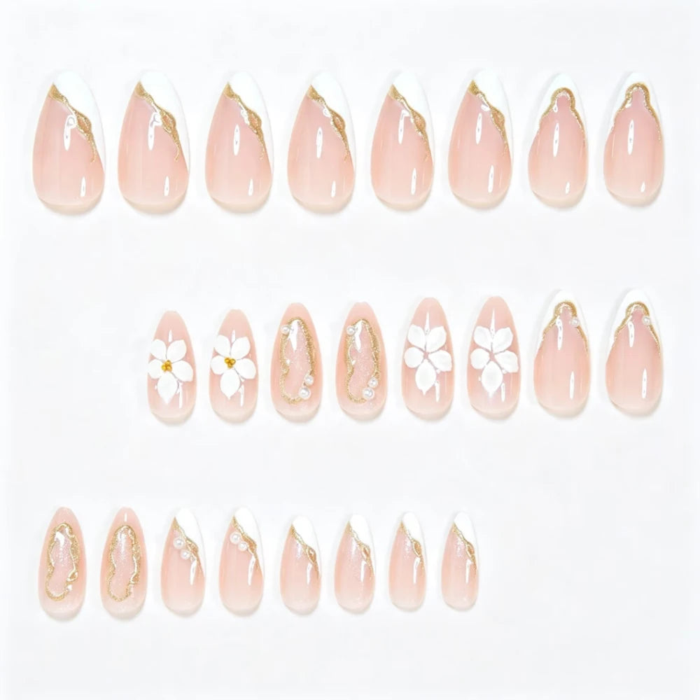 Nude White French Almond Press-On Nails with Flower Pearl Gold Frame – Medium