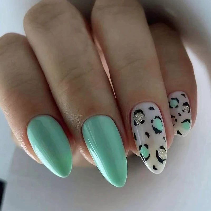 Light Green Leopard Glossy Almond Press-On Nails – 24 Pcs