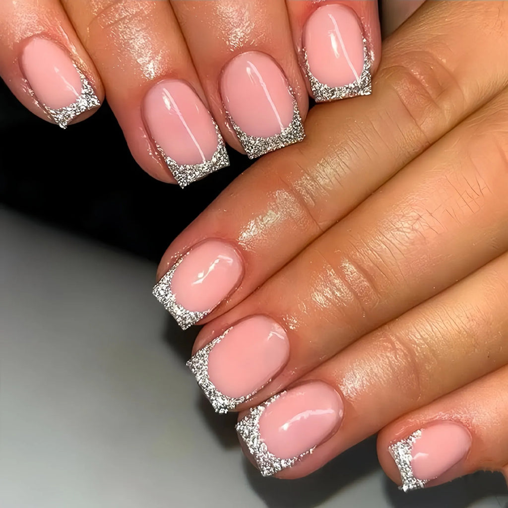 Fashion Minimalist French Fake Nails Medium Square Wearable Tips in Red Black Pink Silver with Sparkle Glitter Press On Nails