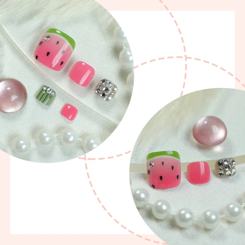 Painted Watermelon & Fruit Press-On Toenails – Short Square, 24 Pcs