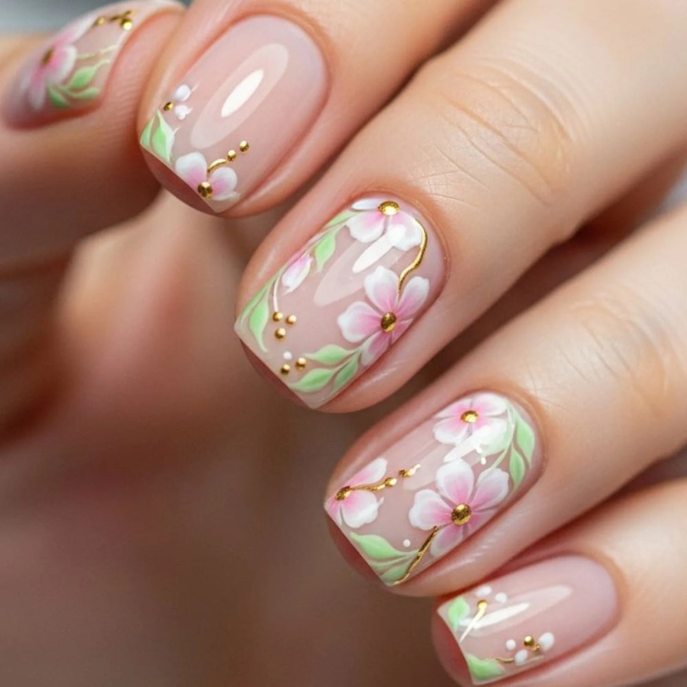 Spring Flower & Green Leaf Gold Crystal Press-On Nails – Short/Medium