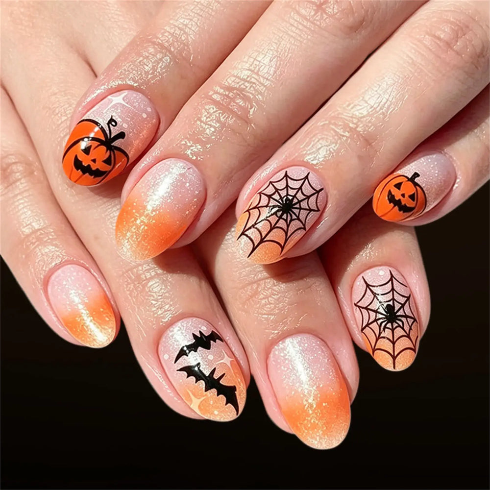 Orange Ombre Glitter Pumpkin & Bat Press-On Nails – Almond, 24 Pcs