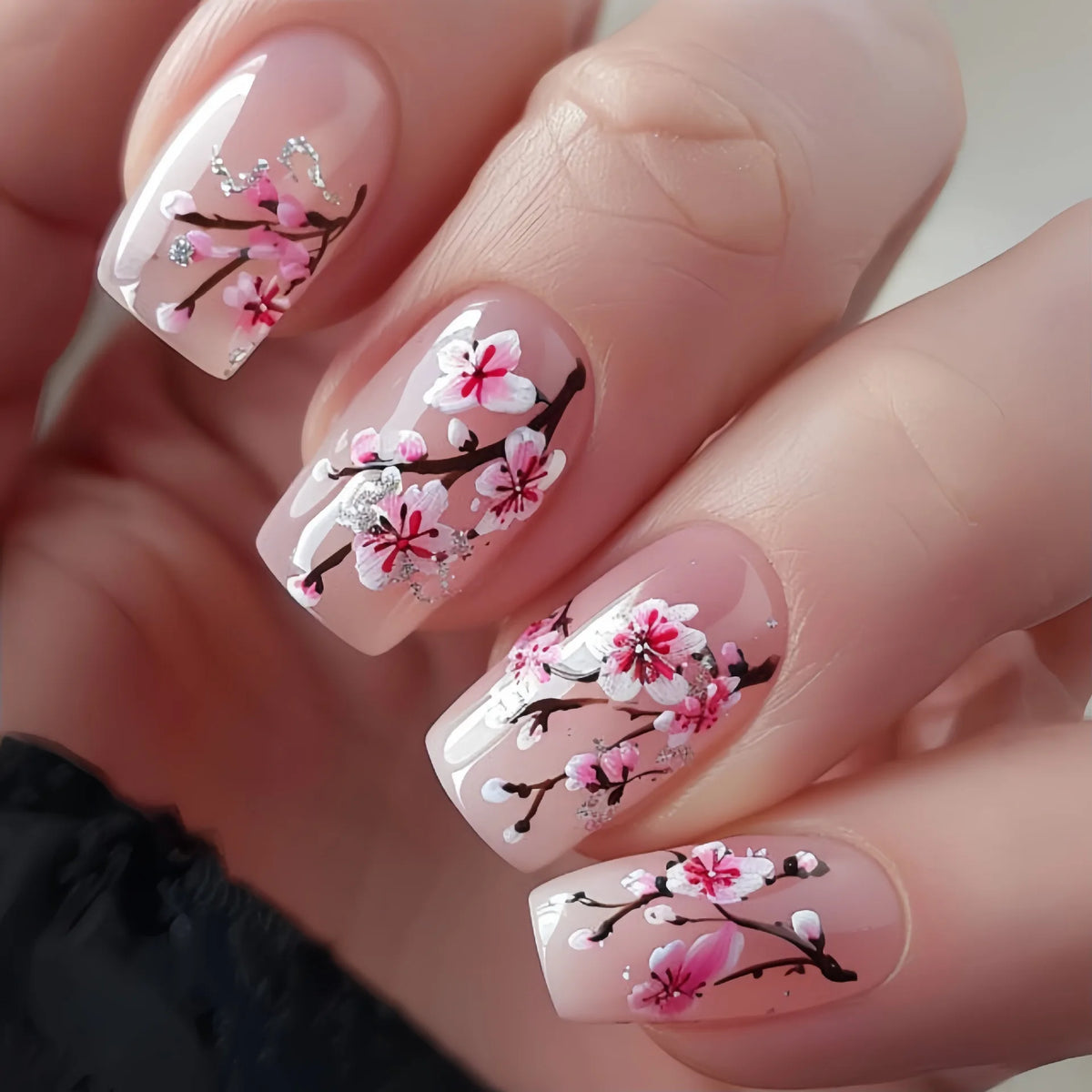 Short Medium fake nails for women girls pink red peach flowers for spring summer full cover square tips press on false nail art