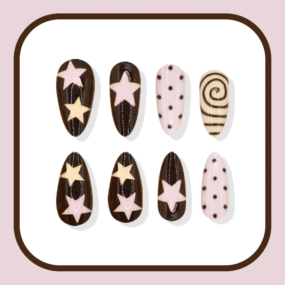 Pink Brown Spiral & Star Polka Dot Press-On Nails – Almond, 24 Pcs