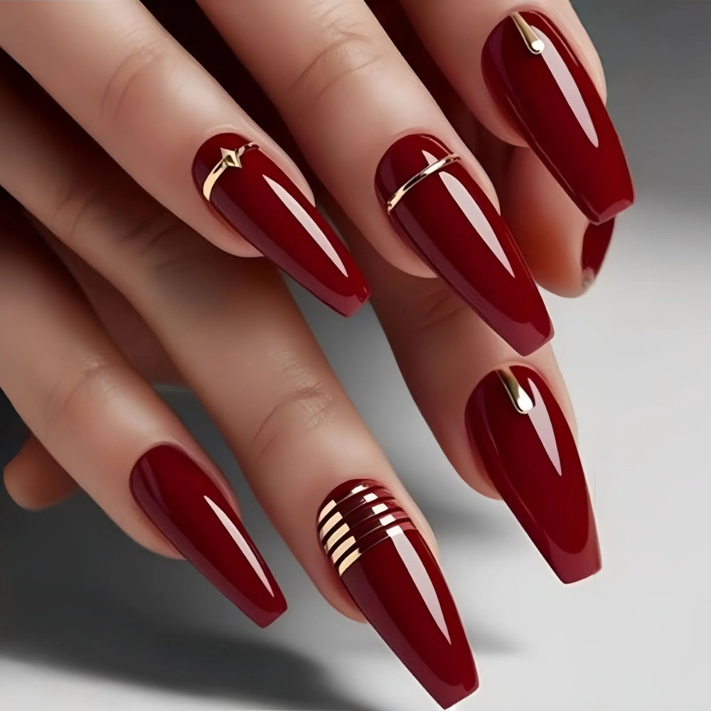 Red Black Gold Gradient French Ballet Press-On Nails – New Year, Medium Long, 24 Pcs