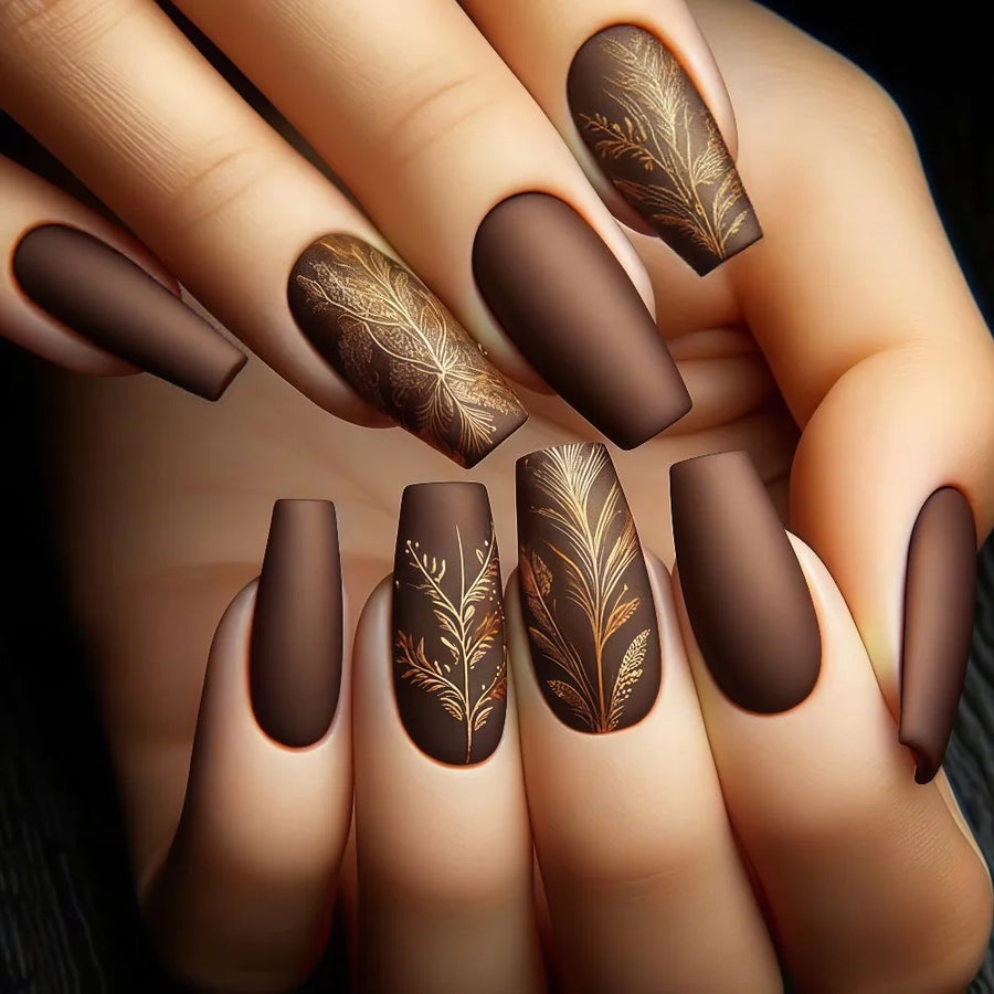 Brown Floral Leaf & Black Butterfly Grid Press-On Nails – Autumn/Winter, Medium Long