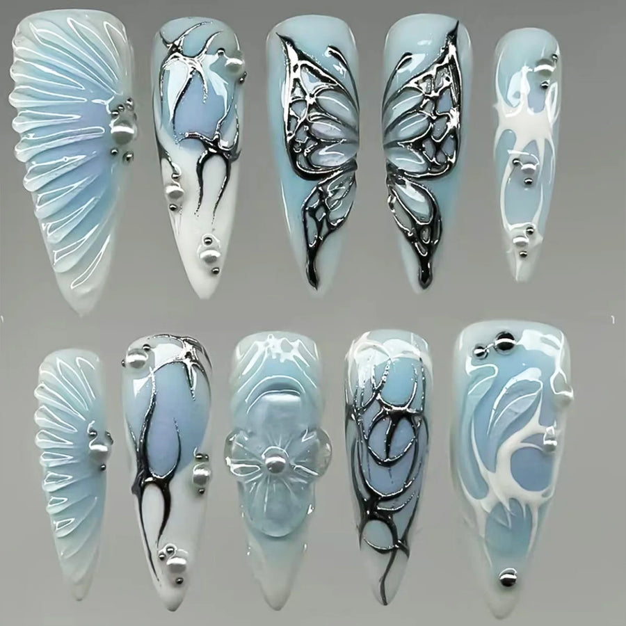 Blue Marble Chrome Butterfly Handmade Press-On Nails – Stiletto, 10 Pcs