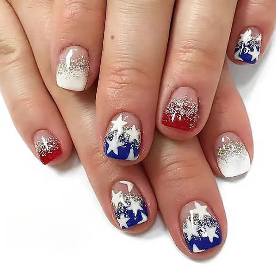 Blue Red Star Stripe Independence Day Press-On Nails – Short Square