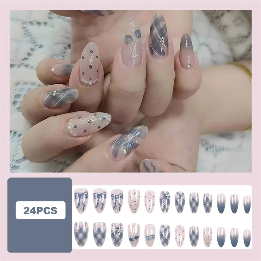 Blue-Grey Ombre Sheer Gem Press-On Nails – Almond, 24 Pcs