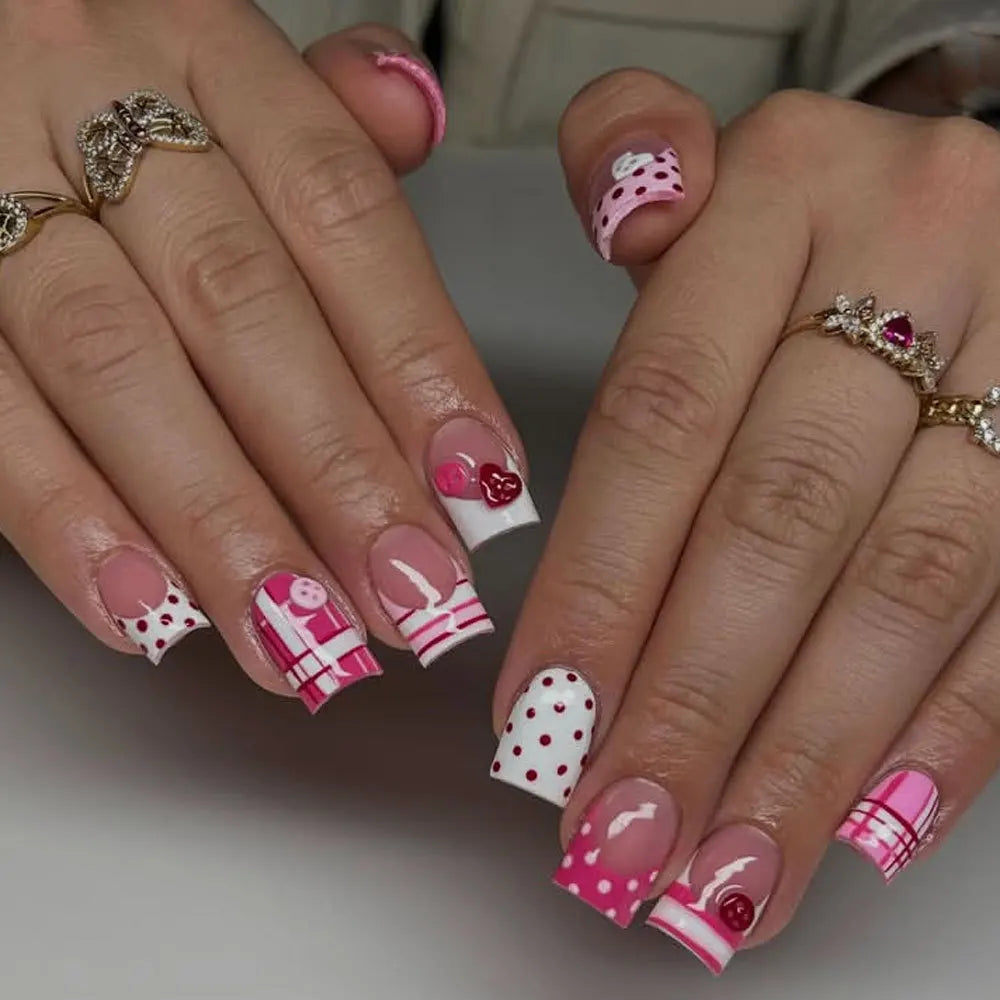 Pink & White Heart Button Plaid French Press-On Nails – Short Square, 24 Pcs